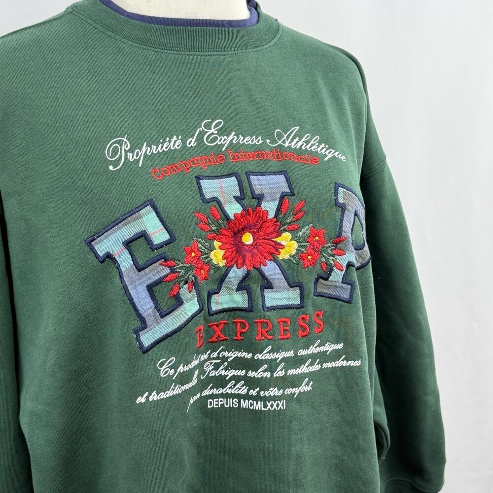 Vintage Express Athletique Floral Embroidered Sweatshirt Green Crewneck XS - Picture 2 of 6